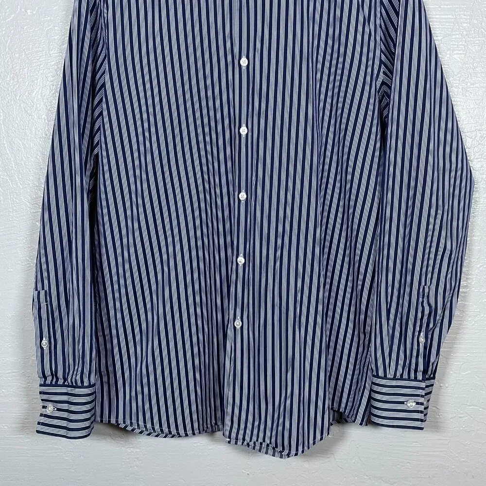 Hugo Boss Men 43 17 Navy Blue White Stripe Shirt Slim Fit Two Ply Spread Collar - Picture 2 of 10